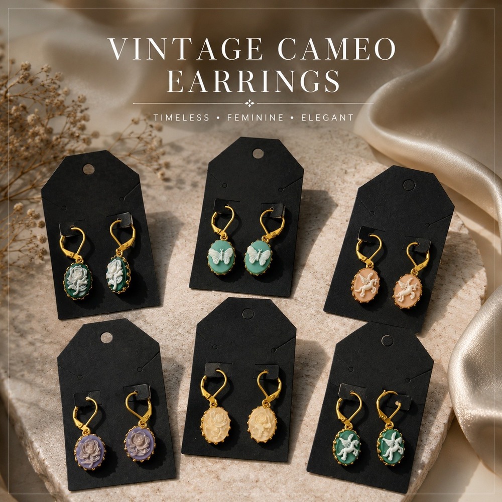 Vintage Style Cameo Leverback Drop Earrings Rose Butterfly‎ Pegasus Gold Tone